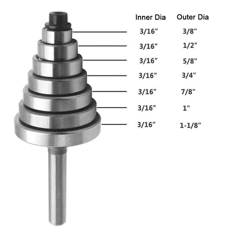 Wolfride Rabbet Router Bit Bearings set with stepped rings, inner dia 3/16 in, outer dia 3/8 in to 1-1/8 in.