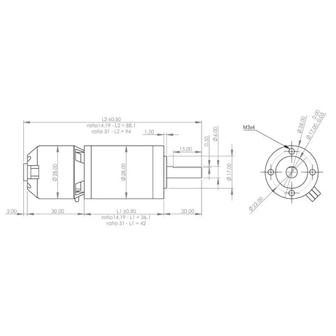 Technical diagram of Thor 2830 Planetary Gear Brushless Motor Outrunner 18V Powerhouse With 380W Peak, 10 Nm Torque, 28mm Gearbox.