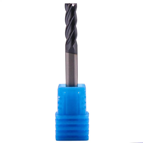 Heavy Duty 5 Piece Solid Carbide End Mills Set AlTiN Coated Square End Mills 4 Flute 30 Degree Helix, visible in blue holder.