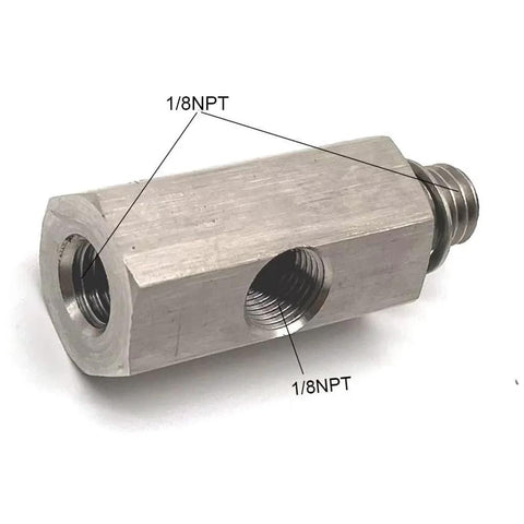 Stainless steel 1/8 NPT oil pressure sensor tee adapter with dual 1/8 NPT ports and male outlet