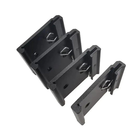 Four black DIN Rail Mounting Clip One And Three Quarter Inch Width Universal Aluminum Alloy Bracket Snap In Fixed Clamp For 35mm Slotted DIN Rail