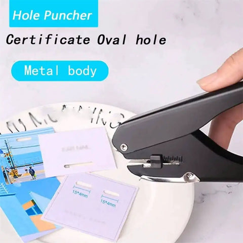 Metal Oval Single Hole Punch 4 15mm Hole Puncher with Lever Action in use on paper, durable metal body, punches up to 10 sheets
