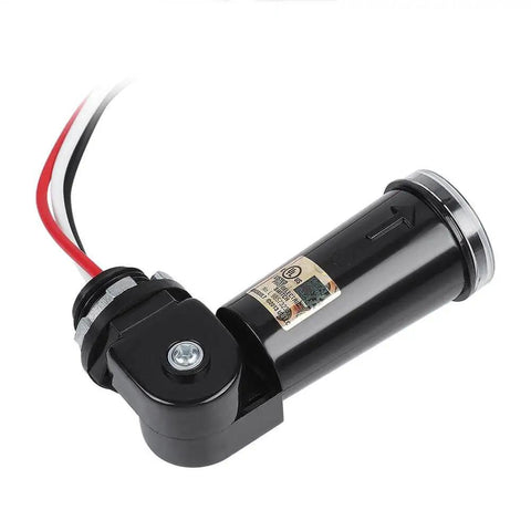 Automatic Dusk To Dawn Photoelectric Switch With Outdoor Light Sensor For 120V Fixtures, black swivel-mounted device, side view