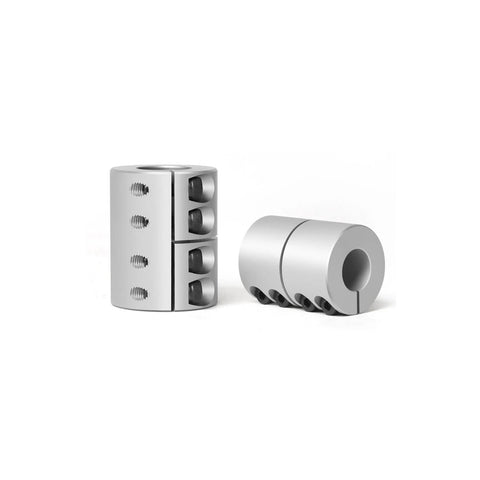 Two-piece aluminum rigid clamp-on shaft coupling, 8–10mm bore, 32mm diameter x 45mm length