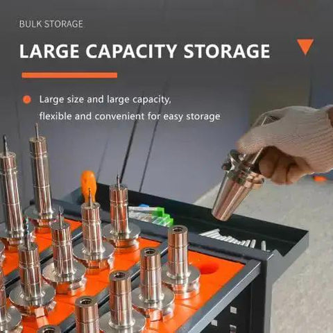 CAT40 Classic Mobile CNC Tool Storage Cart With Wheels, large capacity storage with tool holders and hand holding tool.
