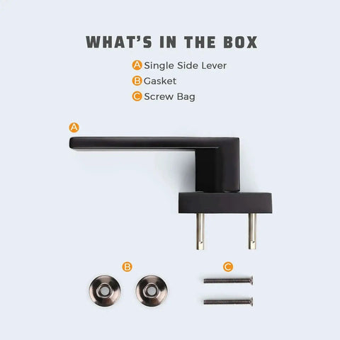 What's in the box diagram for 6 Pack Matte Black Dummy Door Handle Set Heavy Duty Single Sided Door Levers For Right Or Left Handed Doors Interior Mount No Latch Decorative Lever For Interior Use.