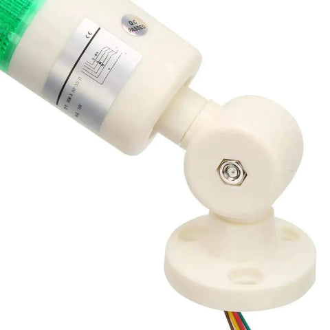 Close-up of LED Warning Light Tower With Buzzer For CNC Machines showing mounting base, part of red orange green indicator alarm stack.