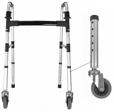 Five Height Adjustable Swivel Walker Caster Wheels Set Of 2, 3-Inch Wheel Diameter With Universal 1-Inch Leg Tubes, installed on walker