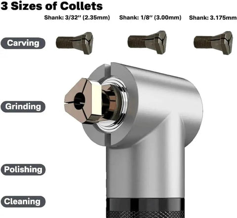 Close-up of collet options for Beast 550W Corded Die Grinder Sander Polisher, showing 3 sizes for contour grinding and polishing.