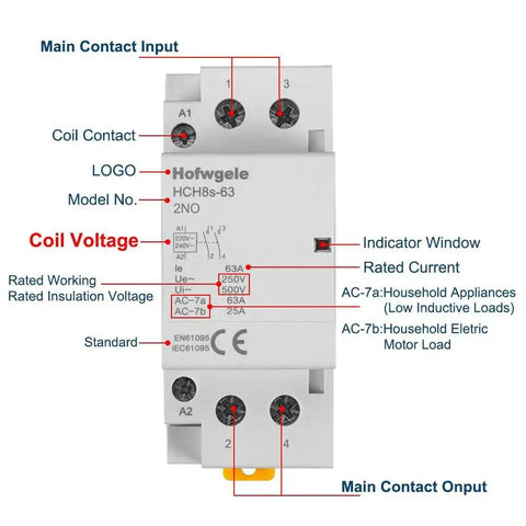 Front view of AC Contactor 63A 2 Pole Workhorse with 110V coil, 35mm DIN rail mount, showing coil voltage and contact inputs.