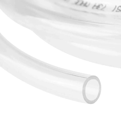 Close-up of 10 Ft Clear Vinyl Tubing 1 Quarter Inch ID Flexible Hybrid PVC Hose, showing smooth clear exterior and interior.