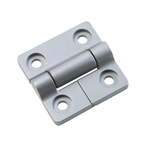 Zinc alloy torque square damper hinge, four-hole plate, silver metal, front view.