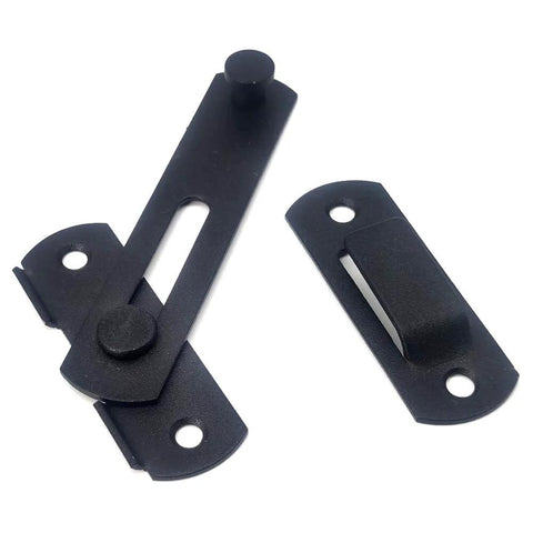 Sturdy Two Pack Sliding Barn Door Lock Set Matte Black 4 Inch By 2 3 Quarter Inch Beefy Gate Latch For Barn Doors Bathrooms Cabinets Outdoor Garage Windows And Sliding Doors Rust Proof Stainless Steel Hardware, shown in matte black.