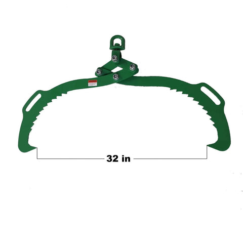 Green log lifting tongs with two serrated swivel claws, 32-inch opening, heavy duty timber grapple for lumber skidding, front view.
