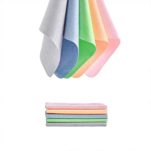 Eyeglass Cleaning Cloths Microfiber 230GSM Thickened Double Sided 10 Pack in assorted colors hanging and folded