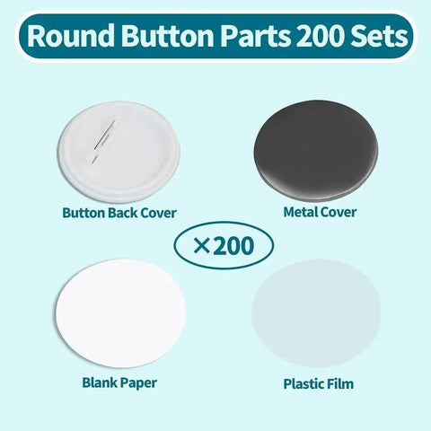 Round button parts set for 58mm buttons; includes back cover, metal cover, blank paper, and plastic film (200 pieces)