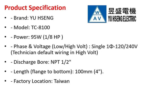 Product specifications for 1/8 HP Coolant Pump For Lathe And Band Saw Machines With Immersion 4 Inches, NPT 1/2 Inch Thread