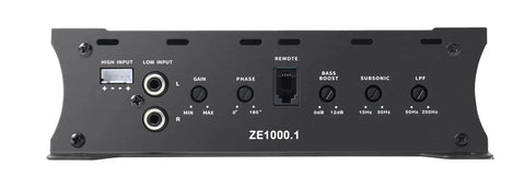 Back view of Beast 2000W Monoblock Class D Car Amplifier showing controls for gain, phase, bass boost, subsonic, and LPF.