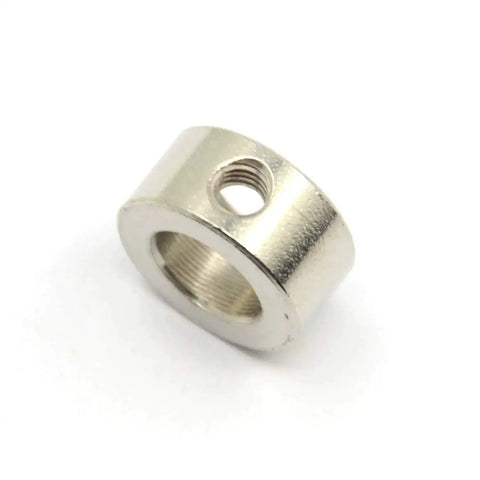 Close-up of a stainless steel 8mm shaft lock collar for T8 lead screws, showing outer diameter and pre-installed screw hole.
