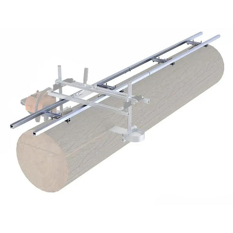 10 Foot EZ Rail Sawmill Kit For Chainsaw Milling Portable Linear Sawmill Rail System With Aluminum Rail Log Cutting Attachment Easy Setup Four Cross Members No Frills Woodworking Milling Accessories installed on a log.