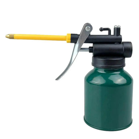 Front view of Green Metal Pistol Pump Oil Can With Long Flexible 9 Inch Spout And 3 Inch Straight Spout 8 Ounce Oil Oiler