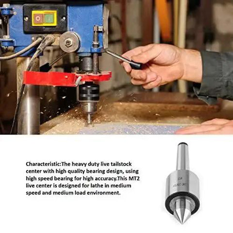MT2 Morse Taper Live Center for Wood Lathe Heavy Duty Tailstock Live Center with 60 Degree Point T10 Steel Cone Triple Bearing in use on drill press