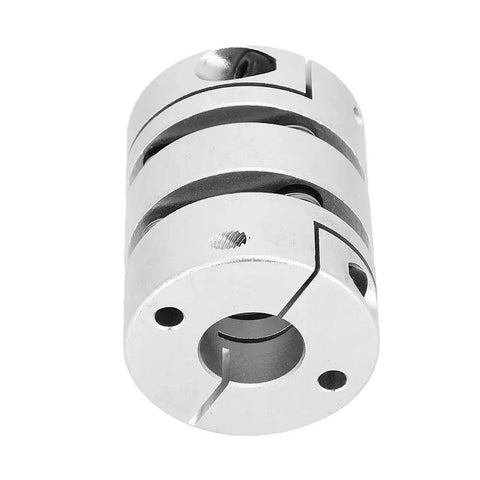 Aluminum alloy shaft coupling adapter, silver finish, cylindrical with central bore.