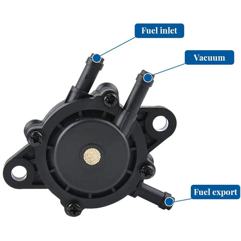 Fuel Pump With Filter Replacement For Lawn Mowers Tractors Trailers Boats And More Vacuum Gas Pump Fits 0.31 Inch Port 8mm And Replaces 491922 691034 692313 808492 808656 For Small Engine Motors front view showing fuel inlet, vacuum, and fuel export ports