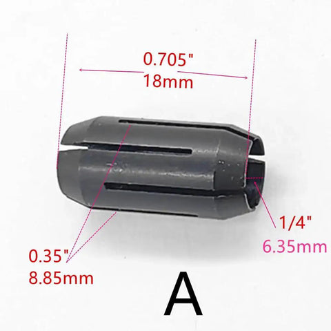 Four Pack Cut Out Tool Collet Chuck Kit For DW660 And DC550 Palm Routers 0.25 inch collet replacement part with measurements