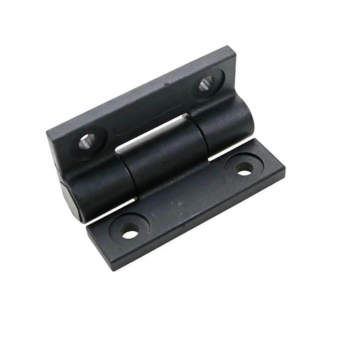 Front view of a black flat-open torque hinge with mounting holes
