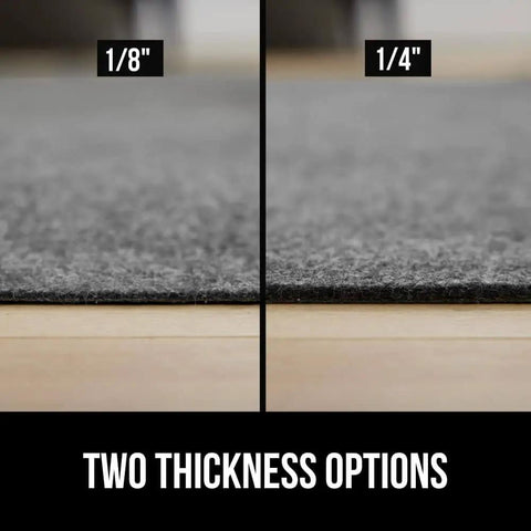 Close-up of two thickness options for felt with rubber rug pad, showing 1/8 inch and 1/4 inch thickness, on hardwood floor.