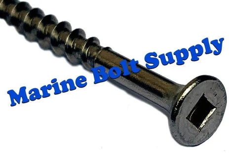 Close-up of No. 8 X 2 Inch Type 316 Marine Grade Stainless Steel Deck Screw with square drive and bugle head by Marine Bolt Supply.