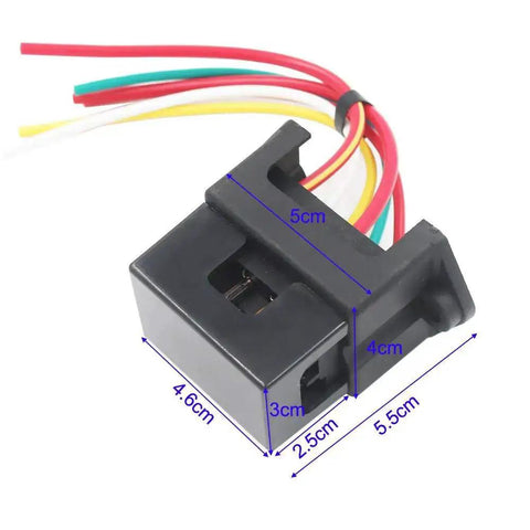 Beefy Two Input Four Output Car Blade Fuse Holder With Wire Harness ATC ATO 4 Way Fuse Box, black plastic, colored wires