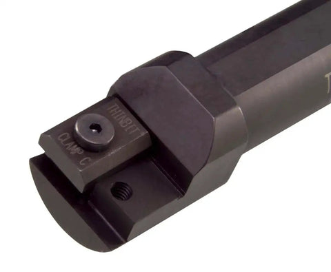 Close-up of 3/4 Inch Round Internal Toolholder for Grooving Turning Chamfering and Threading Inserts, showing clamp screw and pin.