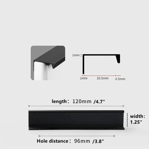 Dimensions and design of Black Hidden Edge Cabinet Handles 10 Pack for Drawers and Cabinets With Finger Edge Pulls in Space Aluminum