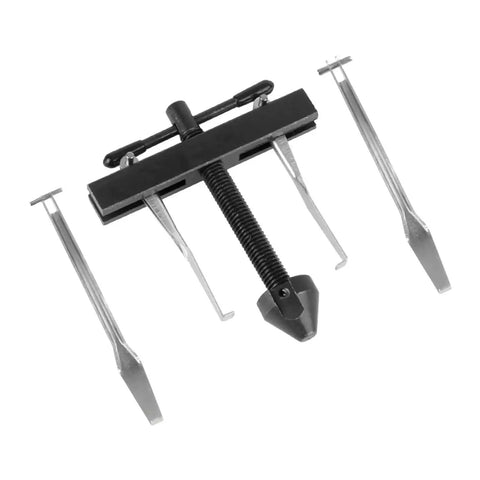 Front view of automotive universal crankshaft/camshaft puller kit with central threaded screw and four steel forks.