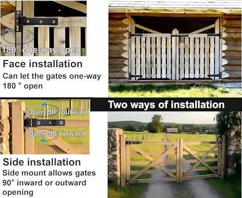 Installation options for Heavy Duty Gate Hinges 13 Inch Load Bearing 900 Lbs with 180-degree open for wooden and metal gates.