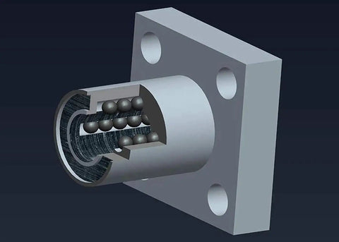 Beefy LMK10UU Square Flange Linear Ball Bearing showing internal steel balls, suitable for CNC machines and 3D printers, SAE52100.