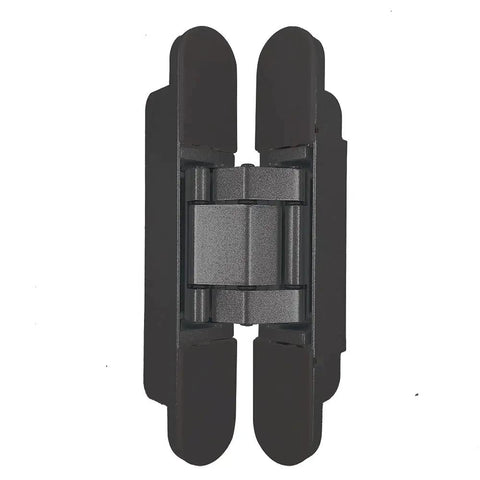 Front view of Hidden Concealed Door Hinges Three Dimensional Adjustable Black Pair With 180 Degree Opening And 88 Lbs Support For Doors 35mm Thick To 850mm Wide Concealed Screw Heads For Clean Look Includes Mounting Screws By Alamic.