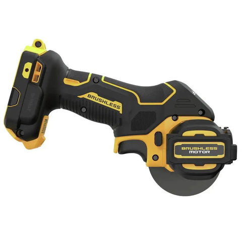 Side view of 20V Max XR Brushless Cut Off Tool From DEWALT, Compact Bare Tool DCS438B, showing brushless motor and ergonomic design.