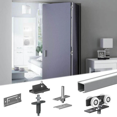 Two Panel White Bifold Door Hardware Kit With 59 Inch Ceiling Track Cut To Fit Design Supports Up To 90 Lbs Per Panel