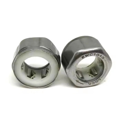 Two EWC1209 one-way clutch needle roller bearings, front view, 12x18x9 mm, metal