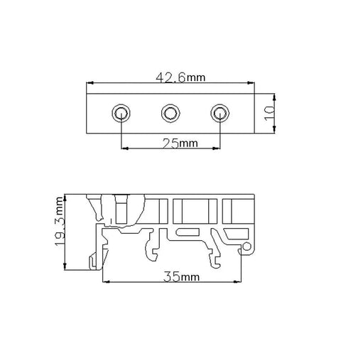 Technical diagram of Ten Pack DIN Rail PCB Mounting Brackets For 35mm C45 Rails Green Clips showing dimensions