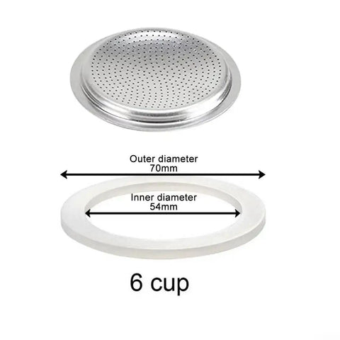 Long Lasting Silicone Gasket Seal For Espresso Moka Pot Replacement, 6 cup sieve and flexible rubber seal, inner 54mm, outer 70mm