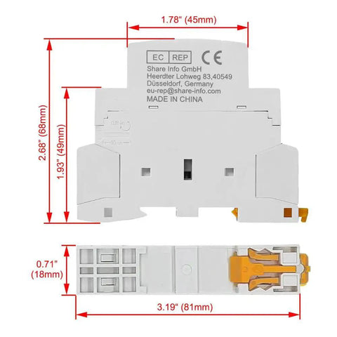 Dimensions and back view of 12V DC Contactor 25A 2 Pole With 2 NO Contacts DIN Rail Mount 35mm DIY Ready For Home Power Control