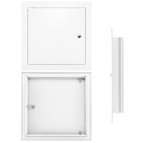 QWORK 10x10 flush access door, white powder-coated aluminum; front closed, open interior, side profile views.
