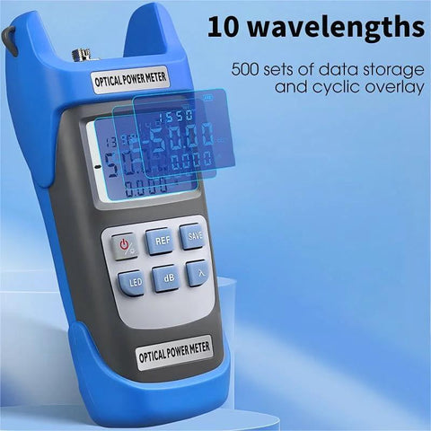 Optical power meter handheld device, blue housing with LCD display and keypad, Amazon brand fiber tester