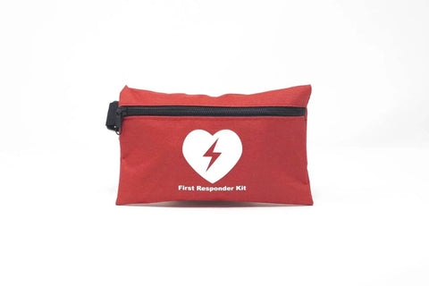 Red pouch of First Responder Kit For AED Emergencies With Essential AED Accessories And CPR Ready Gear by Cubix Safety, front view.