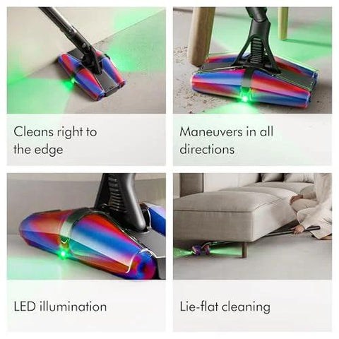 Dyson PencilVac Fluffycones cordless vacuum head cleans edge; rainbow nozzle with green LED
Dyson PencilVac Fluffycones cordless vacuum maneuvers around furniture; rainbow head, green LED
Dyson PencilVac Fluffycones cordless vacuum close-up; multicolor nozzle and LED lighting
Dyson PencilVac Fluffycones cordless vacuum lie-flat cleaning under sofa; rainbow head, green LED
