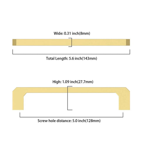 Dimensional diagram of Brushed Gold Cabinet Pulls Set Of 10 5 Inch 128mm Brushed Brass Kitchen Cabinet Handles with measurements